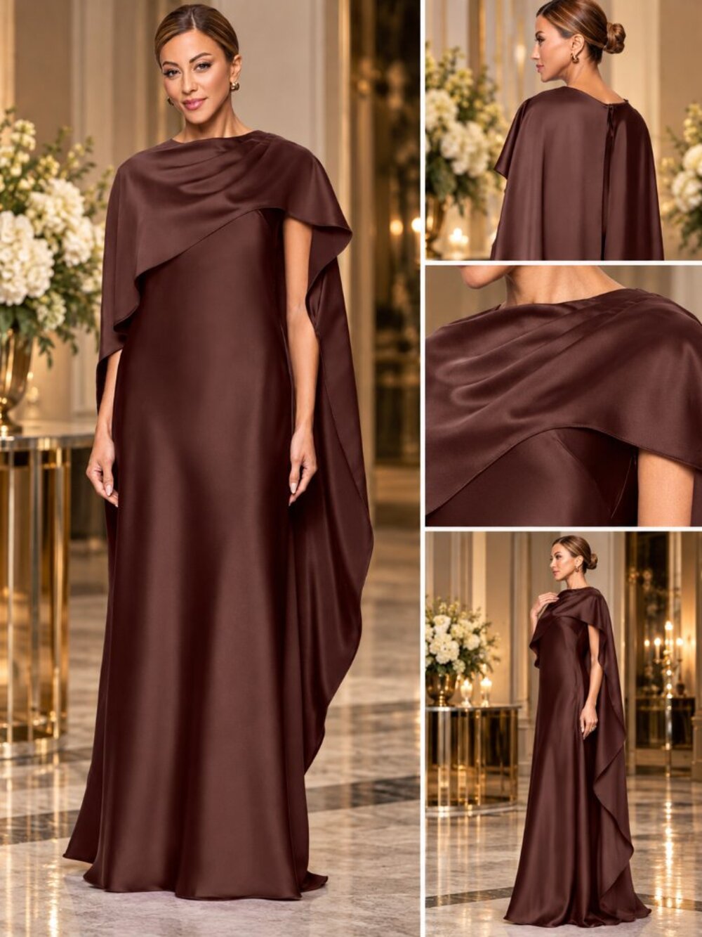 XSCAPE Size 16 Chocolate Satin Cape Overlay Formal Gown NWT